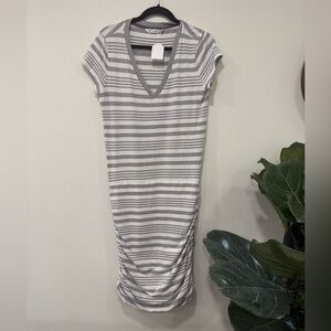 Athleta Gray and White Striped V-Neck Mini Dress